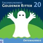 Symbolschild Sagenrundweg Goldene Ritter Symbolschild Sagenrundweg Goldene Ritter, Geist vor Wald